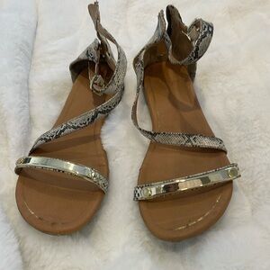 Snakeskin-patterned flat sandals with gold accents and an ankle zipper.